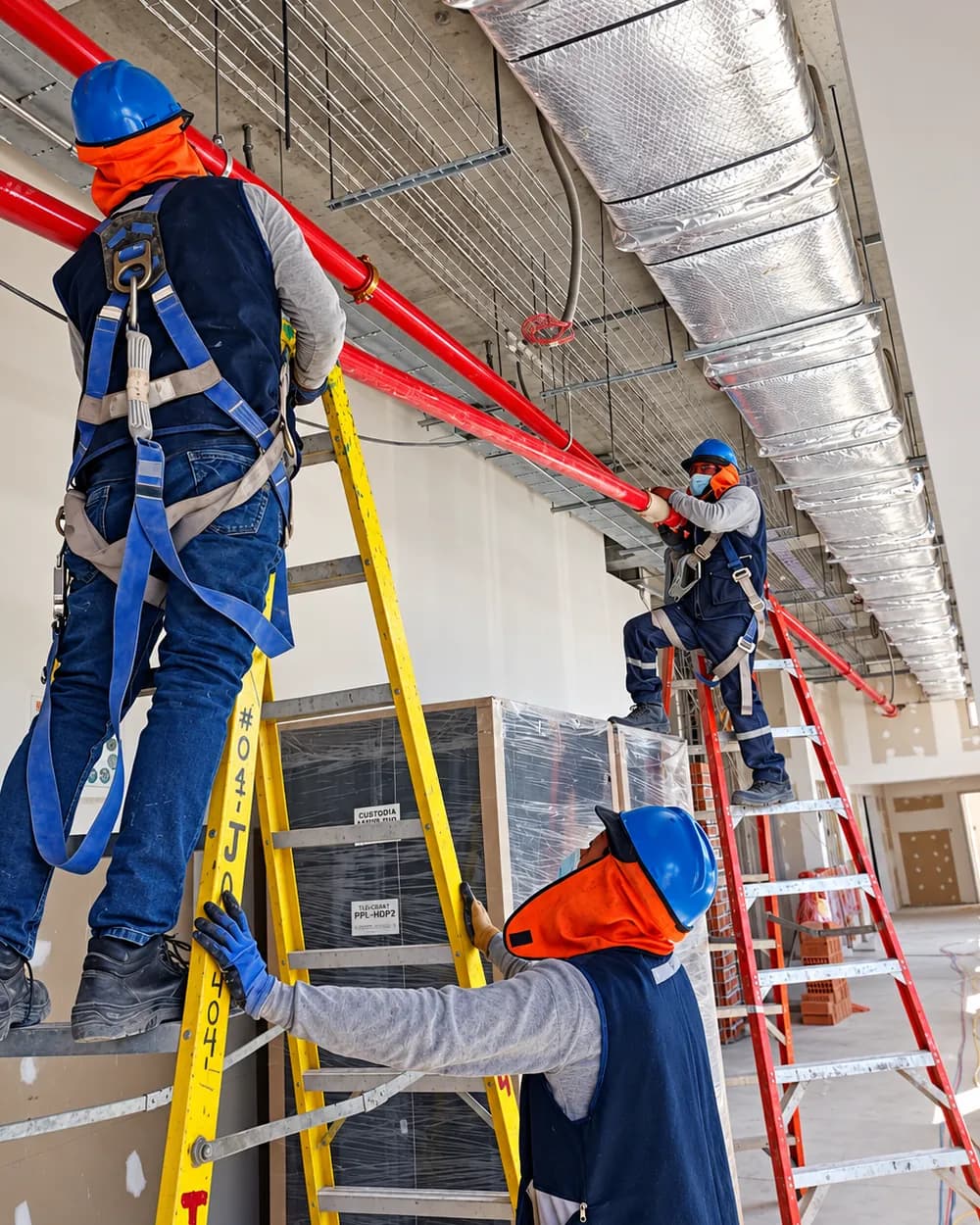 Personal instalando tuberías de redes contra incendio.